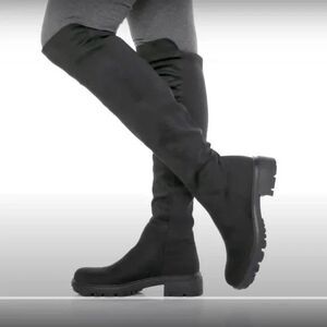 Unisa Unwaide Knee High Boots Black Pull On Lug Sole Faux Suede Combat Tall 7